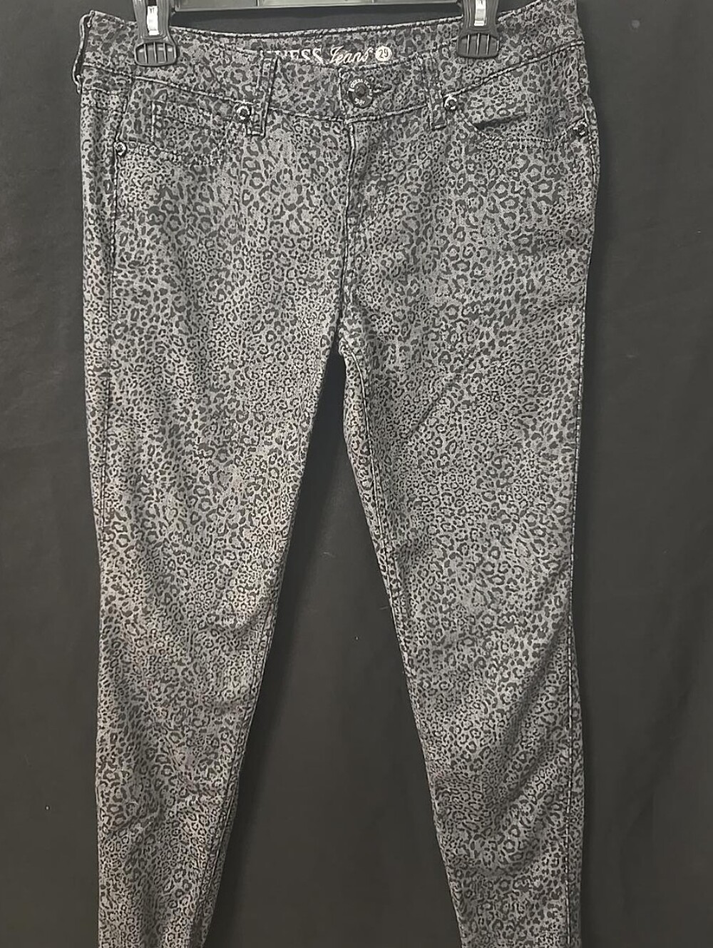 GUESS Jeans Leopard Print Skinny Jeans Size 29 Gray Black Rhinestone Y2K GUESS